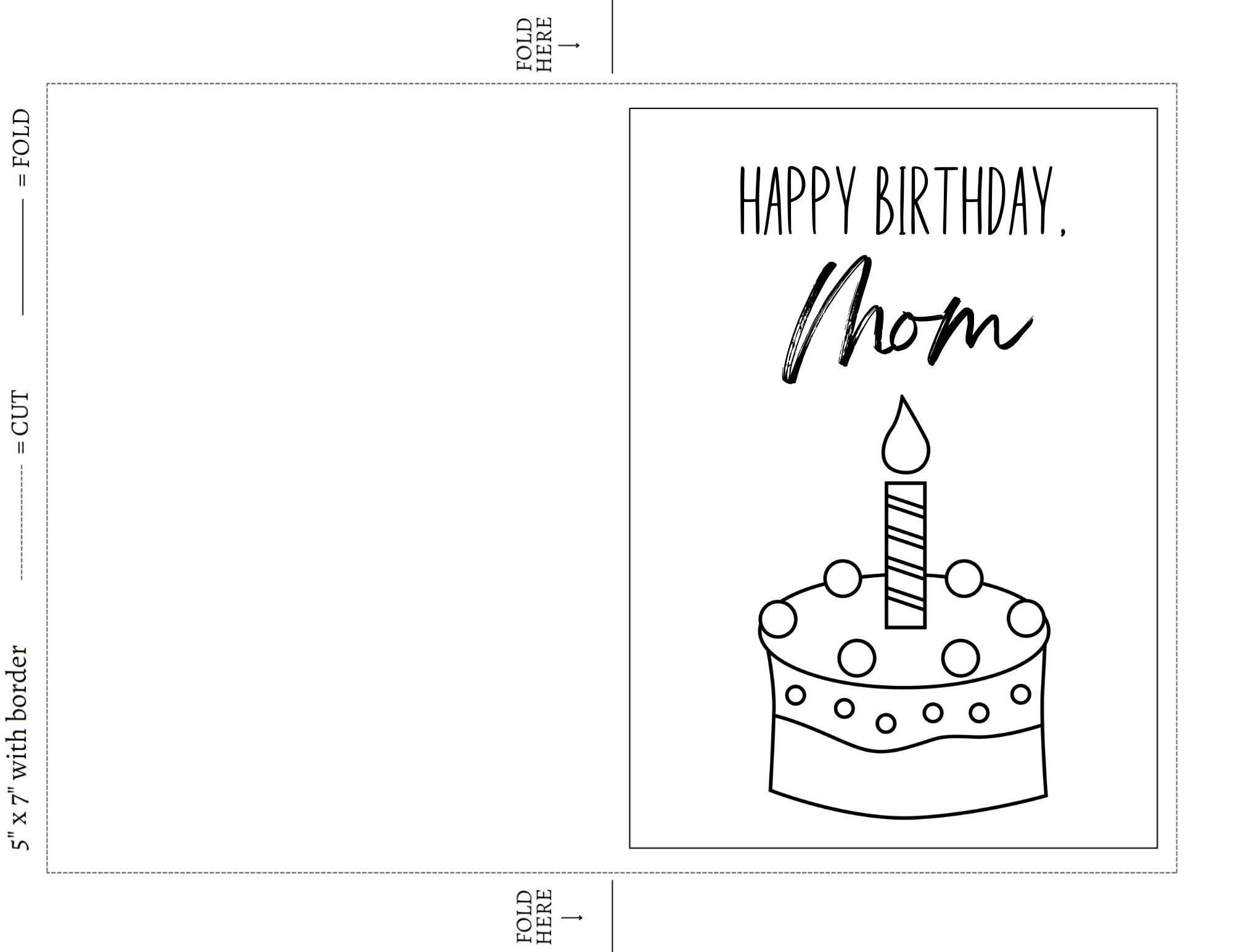 Happy Birthday Mom Printable Coloring Card With Envelope, 5x7