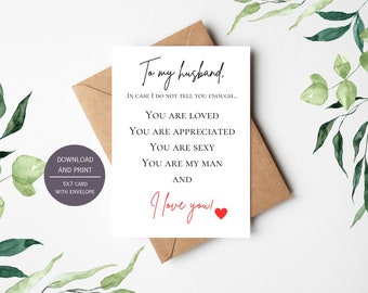 Husband Appreciation and Love Printable Card with Envelope, 5x7" Instant Digital Download Card for Husband, PDF