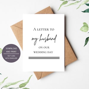 Biglietto stampabile con lettera al marito per il giorno del matrimonio, biglietto da download digitale 5x7" con busta, PDF