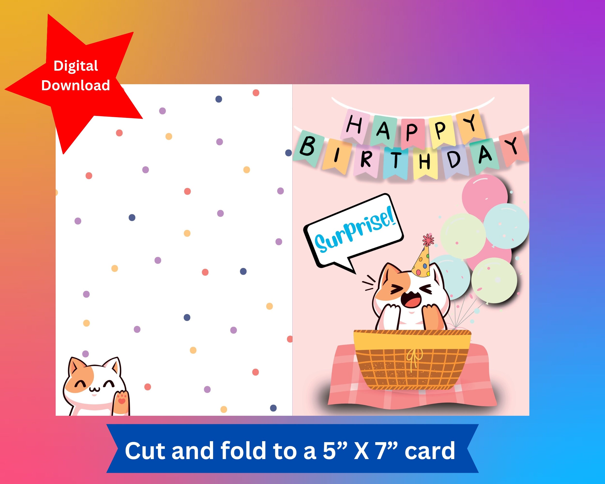 Cat printable birthday card for animal lovers cute and - Etsy México