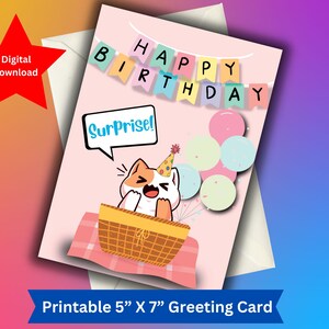 Cat printable birthday card for animal lovers cute and adorable gift instant download funny and sweet present great last minute gift