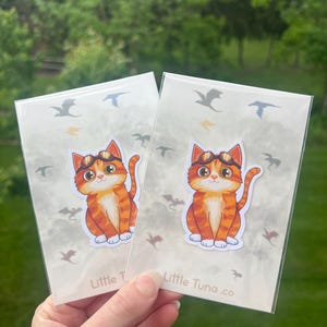 May include: Two stickers featuring an orange tabby cat wearing goggles. The cat is sitting upright with its tail curled. The stickers are in clear plastic sleeves with a cloudy background and bird and dragon illustrations. The text "Little Tuna.co" is visible.