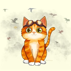 May include: A cartoon illustration of a ginger tabby cat wearing aviator goggles. The cat has large green eyes and white paws. The background features stylized birds and a cloudy sky. The cat is sitting upright.