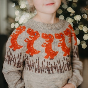 Stranded knitting kids dinosaur sweater pattern | colorwork yoke | PDF