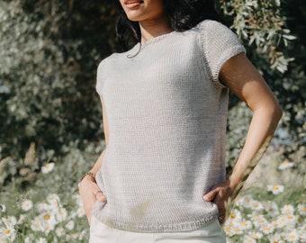 Casual summer top knitting pattern | sleeveless tee | short sleeve knitwear | top down tencel top | set in sleeve | PDF