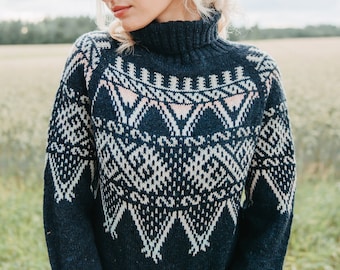 Stranded colorwork turtleneck sweater | knitting pattern | high neck pullover | PDF