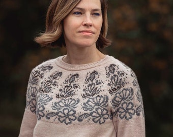 Floral Stranded Knitting Top down sweater pattern | Knitting Patterns for women | Colorwork yoke pullover | Fingering weight | PDF download