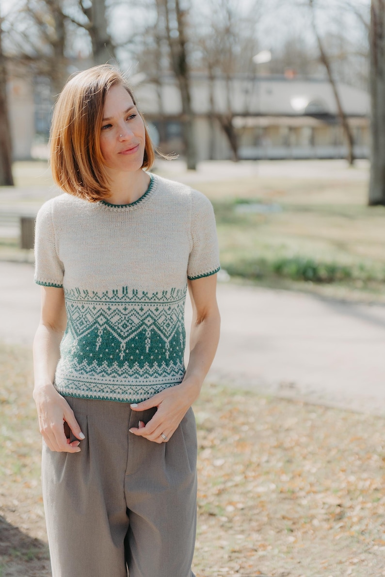 Stranded colourwork knitting pattern summer top | short sleeve knitwear | sport weight | seamless | PDF image 6