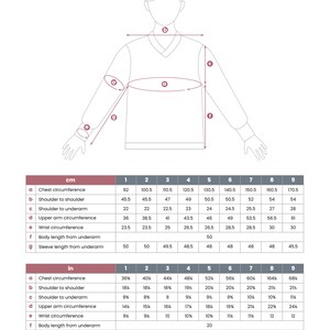 May include: A schematic diagram showing measurements for a sweater in inches and centimeters. The diagram shows the measurements for the chest circumference, shoulder to shoulder, shoulder to underarm, upper arm circumference, wrist circumference, body length from underarm, and sleeve length from underarm. The measurements are listed for sizes 1 through 9.
