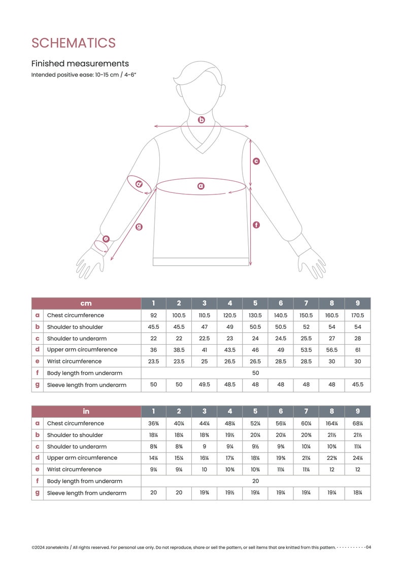 May include: A schematic diagram showing measurements for a sweater in inches and centimeters. The diagram shows the measurements for the chest circumference, shoulder to shoulder, shoulder to underarm, upper arm circumference, wrist circumference, body length from underarm, and sleeve length from underarm. The measurements are listed for sizes 1 through 9.