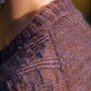 May include: Close-up of a brown and purple knitted sweater with a textured pattern. The sweater has a ribbed collar.