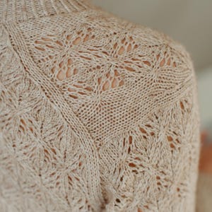 May include: Close-up of a beige knitted sweater with intricate openwork detailing. The sweater features a crew neck and a textured pattern across the shoulders and upper back. The knitwear is a neutral color, suitable for various outfits.