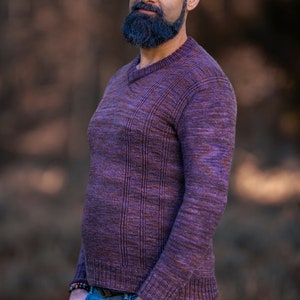 May include: A man with a shaved head and a dark beard is wearing a purple sweater with a v-neck and blue jeans.
