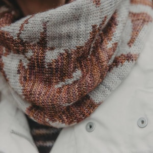 May include: A close-up of a knitted cowl in shades of gray, brown, and orange. The cowl features a textured pattern and is worn over a white jacket. The design is intricate and appears handmade, suitable for cold weather.