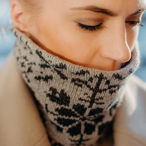 May include: Close-up of a person wearing a gray and black patterned knit cowl neck warmer. The cowl features a repeating tree-like design. The person is wearing a beige coat.