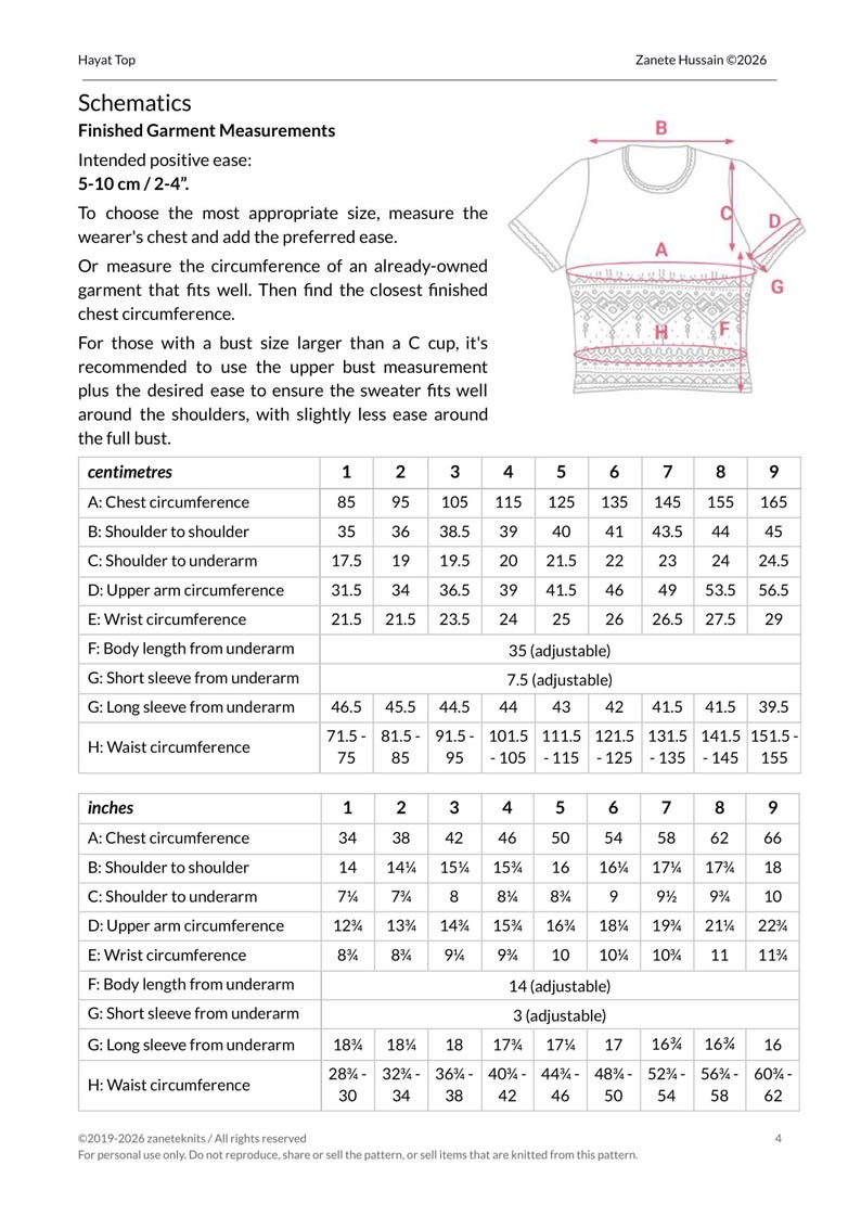 May include: A technical schematic for the Hayat Top by Zanete Hussain, featuring a line drawing of a short-sleeved garment with labeled measurement points A through H, alongside comprehensive sizing tables in both centimeters and inches.
