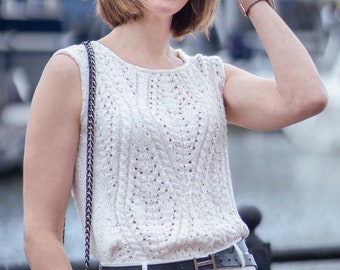 Moonglow Top summer knitting pattern | cable lace sleeveless knitwear | womens sparkly top | DK weight | PDF
