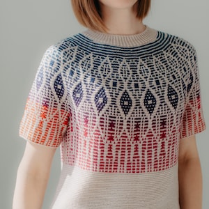 Mosaic knitting sweater pattern | garter stitch round yoke | Fingering weight unisex short sleeve top | PDF