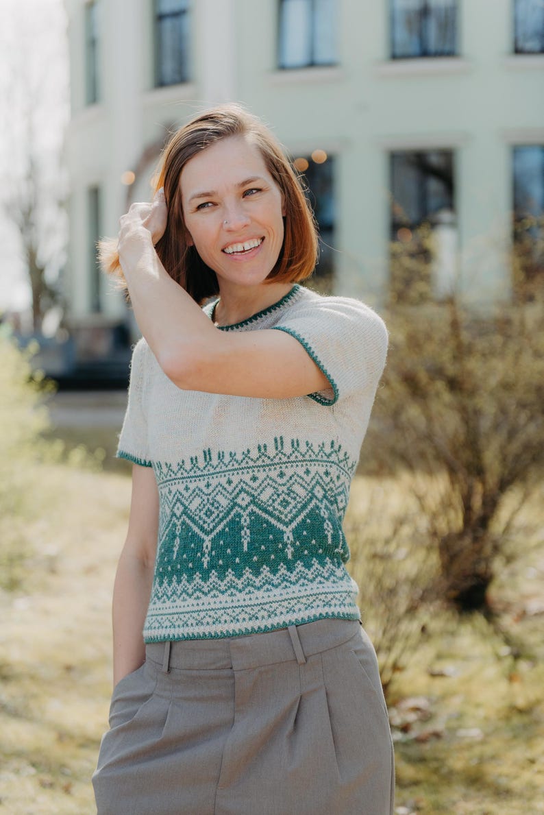 Stranded colourwork knitting pattern summer top | short sleeve knitwear | sport weight | seamless | PDF image 10