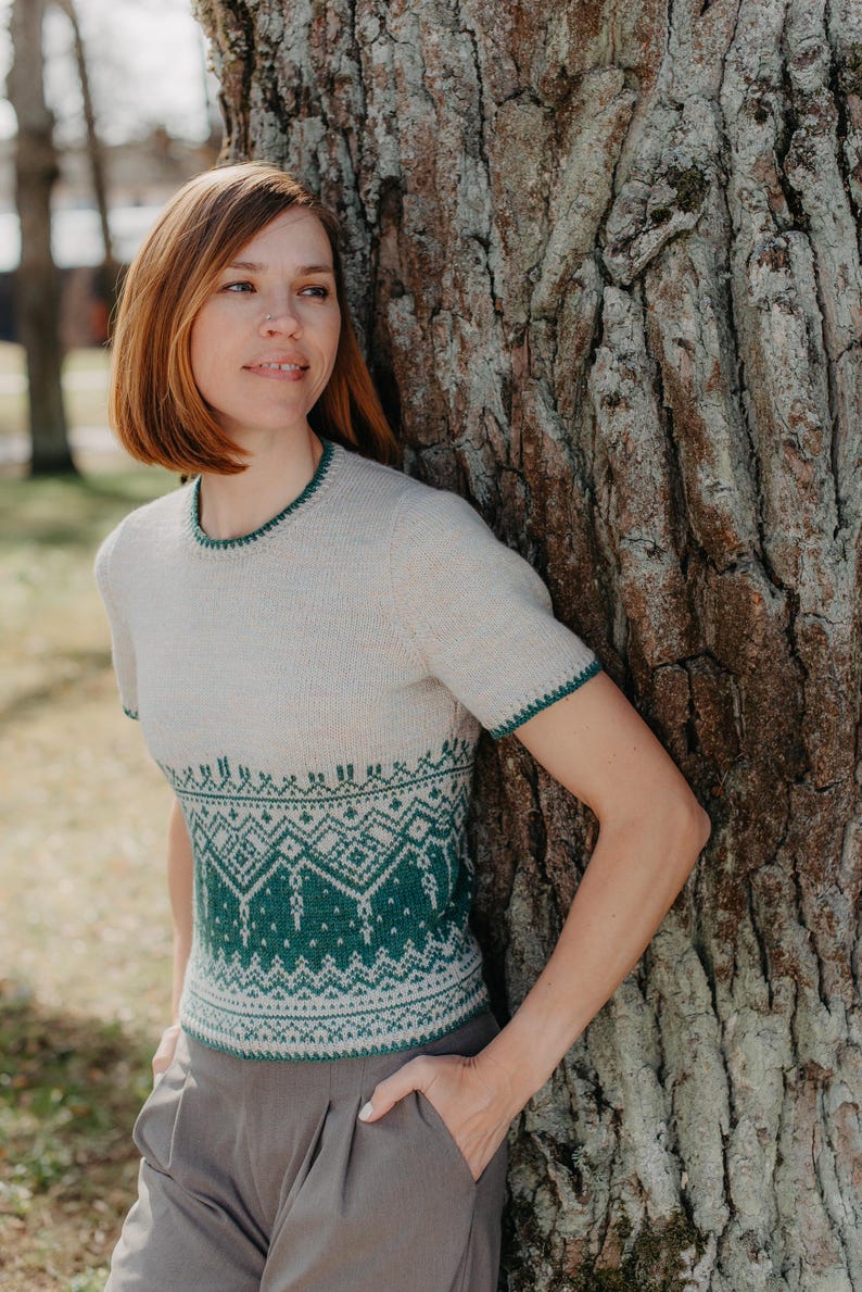 Stranded colourwork knitting pattern summer top | short sleeve knitwear | sport weight | seamless | PDF image 8