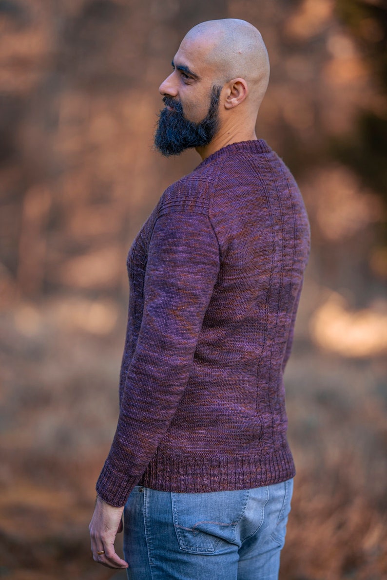 May include: A man wearing a purple and brown sweater with a ribbed texture. He is standing in a field with a blurred background.