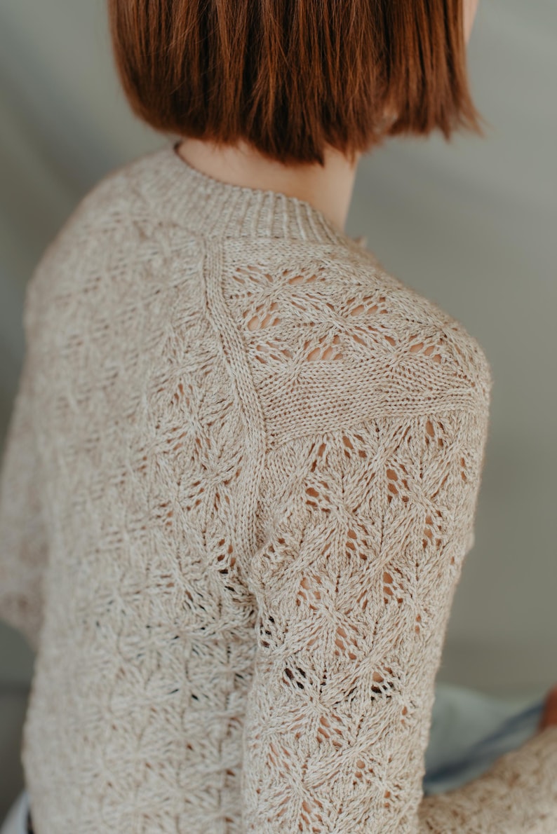 May include: A beige, open-weave sweater with a delicate, patterned design. The sweater features a crew neck and is made of a soft, light-colored yarn. The intricate knitwork creates a textured, airy look, perfect for layering.