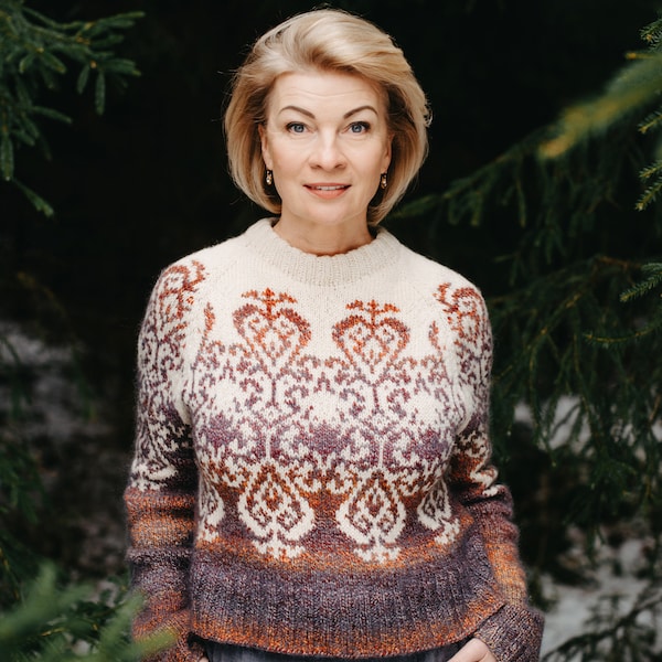 Stranded colorwork raglan sweater knitting pattern | Top down | Seamless | worsted weight | PDF