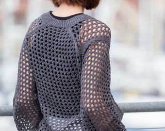 Mesh sweater knitting pattern | crochet style | Lace womens knitwear | Crewneck summer knits | PDF