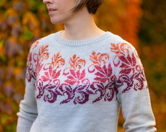 Fire Lily Sweater knitting pattern | Stranded colorwork yoke | womens pullover | size inclusive knits | PDF