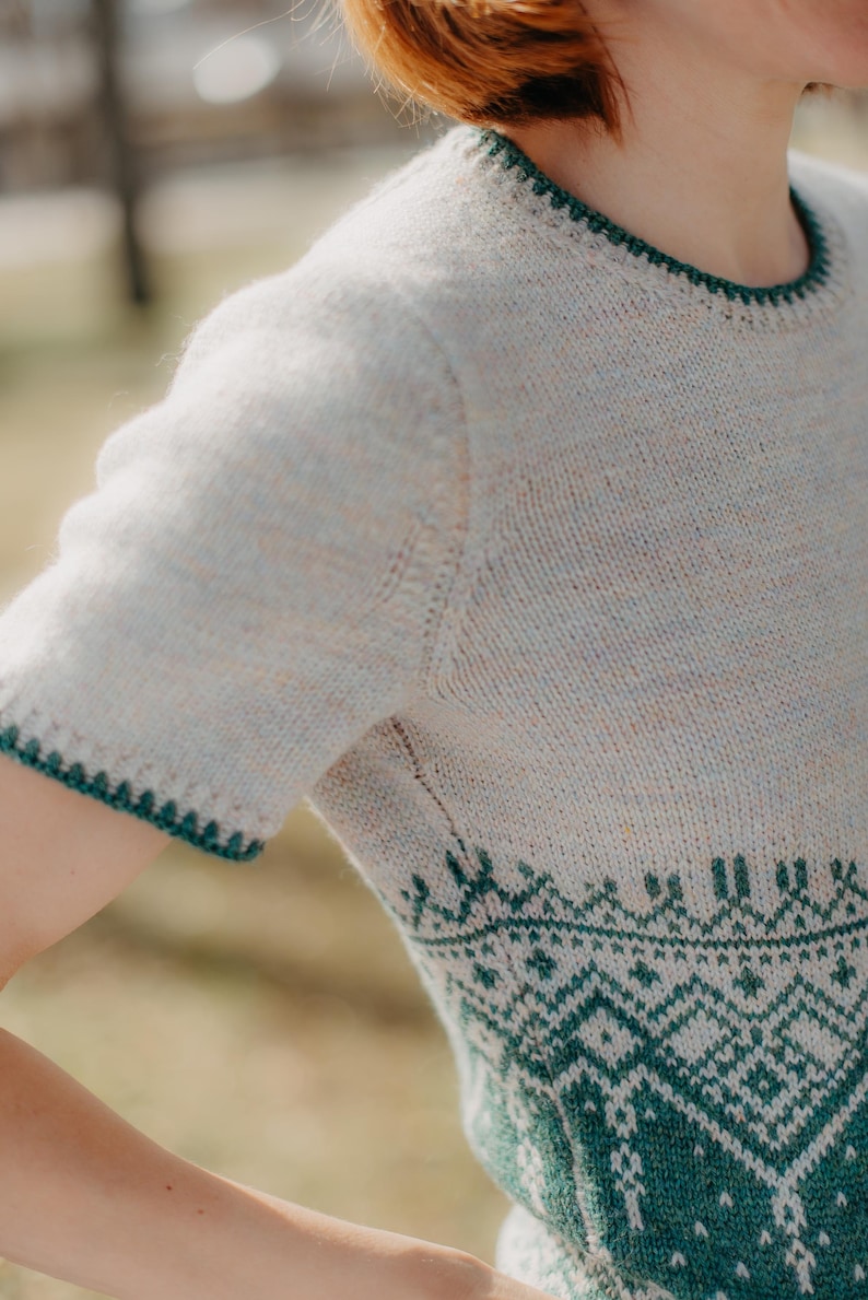 Stranded colourwork knitting pattern summer top | short sleeve knitwear | sport weight | seamless | PDF image 2
