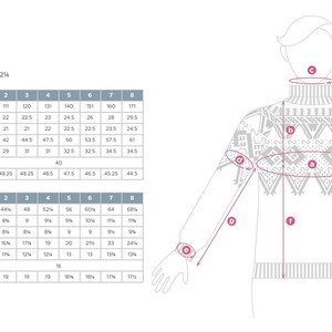 Op de afbeelding: Schematische tekening met afgewerkte maten voor een trui. De maten worden weergegeven in centimeters en inches. De tekening toont een persoon die de trui draagt, met gelabelde punten die borst-, nek- en mouwmaten aangeven.