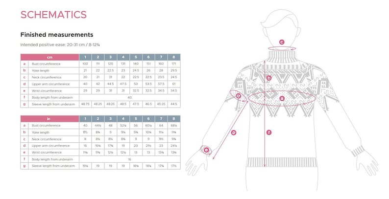 Op de afbeelding: Schematische tekening met afgewerkte maten voor een trui. De maten worden weergegeven in centimeters en inches. De tekening toont een persoon die de trui draagt, met gelabelde punten die borst-, nek- en mouwmaten aangeven.