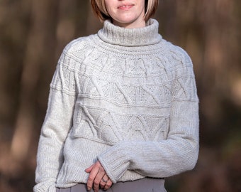 Undertone Sweater cabled turtleneck knitting pattern | worsted | top down seamless | ladies pullover | PDF