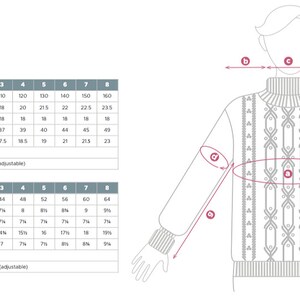 May include: A chart with measurements for a sweater in inches and centimeters. The chart shows the bust circumference, shoulder width, neck width, upper arm circumference, shoulder to underarm, body length from underarm, and sleeve length from underarm. The measurements are listed for sizes 1 through 8.