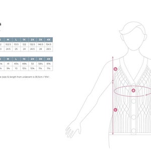 Peut inclure: Un tableau pr&eacute;sentant les mesures d'un v&ecirc;tement en pouces et en centim&egrave;tres. Le tableau indique le tour de poitrine, l'&eacute;paule &agrave; l'aisselle et le tour de poitrine fini pour les tailles XS &agrave; 4X. Un dessin au trait d'une femme avec des mesures marqu&eacute;es sur son corps est pr&eacute;sent&eacute; &agrave; c&ocirc;t&eacute; du tableau.