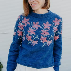Può includere: Un maglione in maglia blu a maniche lunghe con scollo rotondo e un motivo floreale ripetuto nei toni del rosa e del verde chiaro sul petto e sulle spalle. Il maglione presenta colletto, polsini e orlo a coste, abbinato a pantaloni bianchi.