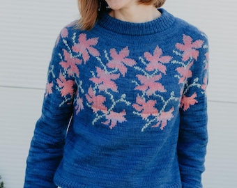 Modello per maglia a motivi floreali a più colori / maglione senza cuciture / pullover dall'alto verso il basso / spessore sport / PDF