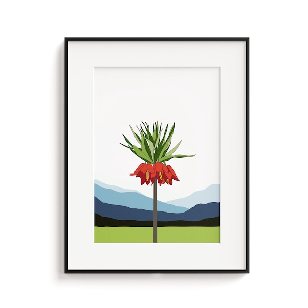 Fleur de Shler, impression de fleurs, fleur de Fritillaria, Gulli Shler, art kurde, fleur de printemps, art floral des montagnes, affiche de fleurs mignonnes