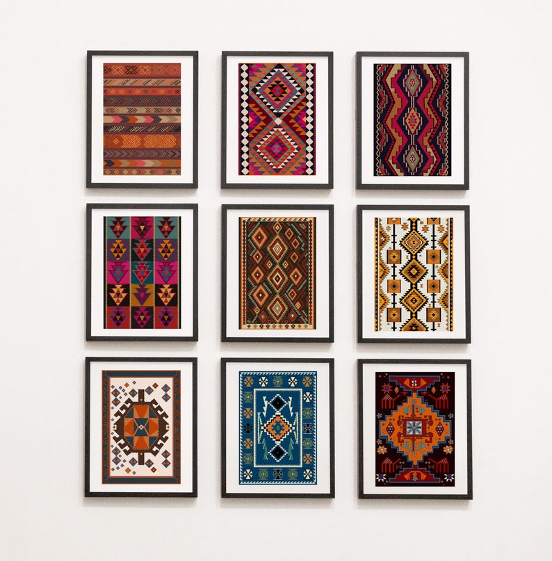 May include: Nine framed prints of colorful geometric patterns in various colors, including red, blue, green, yellow, and brown. The prints are arranged in a grid pattern on a white wall.