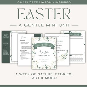Może przedstawiać: Zestaw materiałów edukacyjnych do druku o tematyce wielkanocnej. Tytuł "EASTER" jest wyświetlany dużą, elegancką czcionką. Widoczny jest również tekst "A GENTLE MINI UNIT" oraz "1 WEEK OF NATURE, STORIES, ART & MORE!". Projekt zawiera kwiatowe akcenty i miękką paletę kolorów.