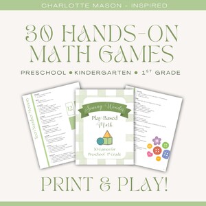 Op de afbeelding: Een set educatieve printables getiteld 30 Hands-On Math Games for Preschool, Kindergarten, and 1st Grade. Het centrale document heeft een groen geruite omslag met de tekst Sewing Wonder Play-Based Math en kleurrijke vormen.