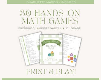 Juegos de matemáticas para preescolar, jardín de infancia y primer grado / 30 actividades de aprendizaje basadas en el juego / Currículo de matemáticas para educación en el hogar / PDF imprimible