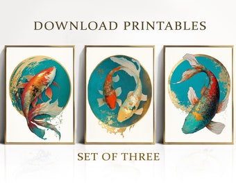 Japanese Koi Fish Prints Set of 3, Vintage Wall Art, Japanese Prints, Set of 3 Prints, Wall Art Prints, Prints Set of 3, Digital Prints