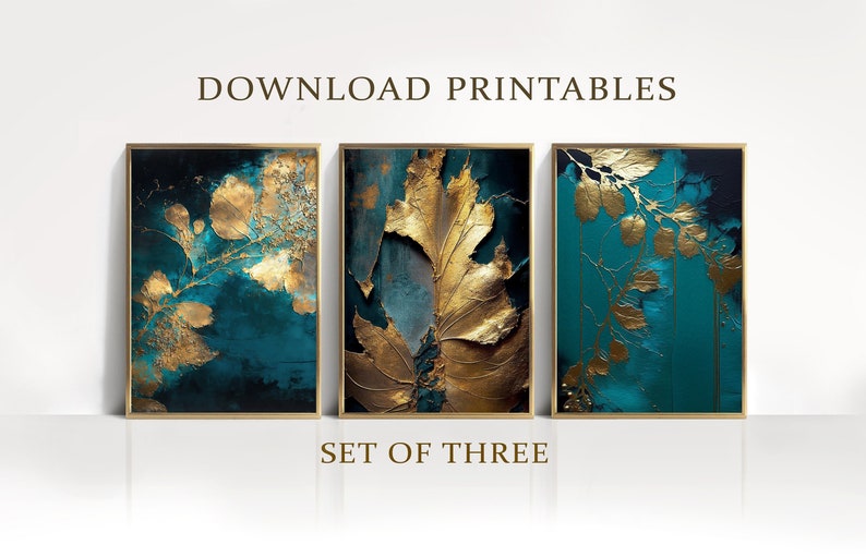 Botanical Gold Leaf Print Set of 3, Leaf Prints, Golden Leaves