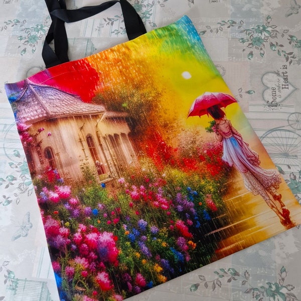 Walking in the rain 6 H016 lady strong canvas tote bag vibrant romantic heavy duty 40 x 40cm Ideal gift for crafter romance colour artwork