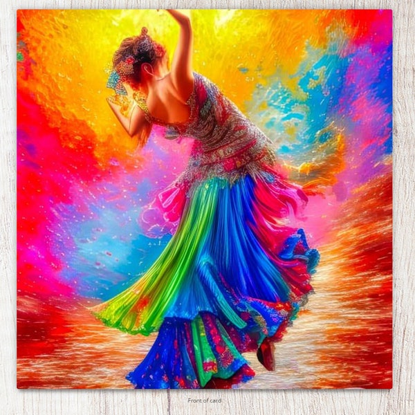 Rain Dancer Denise H036 -Card blank - white envelope - Vibrant Colours - Dancing - Art - Belly dance - dancer - rainbow - costume - rain