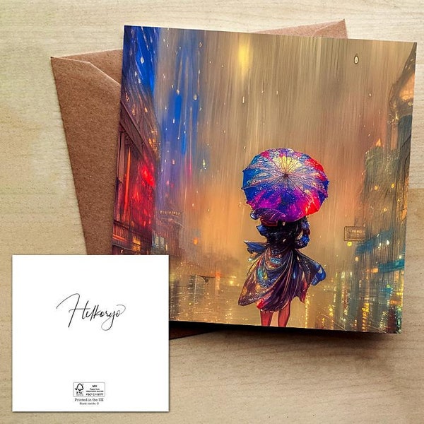 After The Party 2 H035 - Card - vibrant - Artwork - Colourful - Beautiful - classy - woman - sassy - umbrella - city - night - rain - street