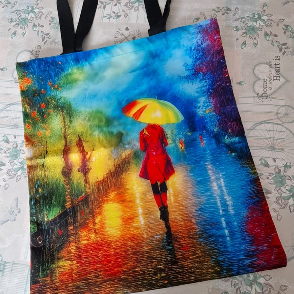 Walking in the rain H004 Red coat strong canvas tote bag vibrant romantic heavy duty 40 x 40cm Ideal gift for crafter romance colour artwork