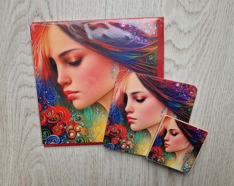 Rainbow Portrait 37 Serena H004 - TRIO - Tarjeta - Posavasos - Imán de nevera - Buzón de regalo - set de regalo - Colores vibrantes