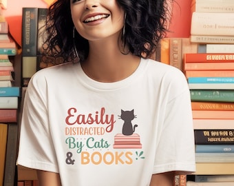 Easily Distracted By Cats And Books shirt - Funny Cat shirt - Cat Lover shirt - Book Lover shirt